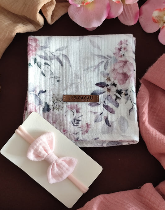 Conjunto Fraldinha Peónias e Laço Rosinha