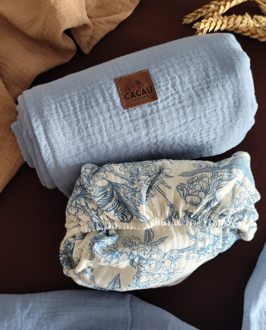 Conjunto Lençol Blue Bird e Swaddle Azul