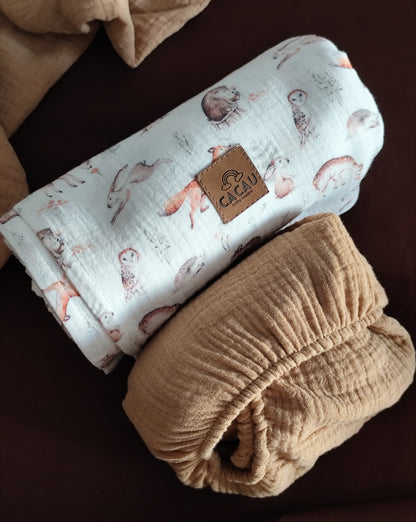 Conjunto Lençol Areia e Swaddle Animais do Bosque